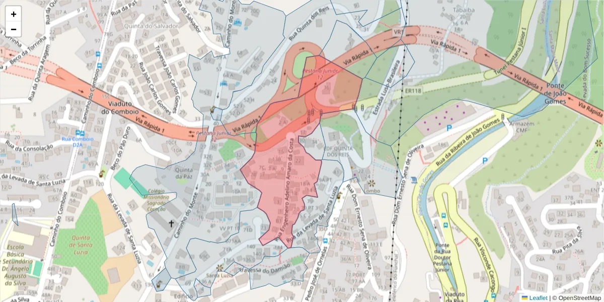 Mapa detalhado do código postal 9050-085 com limites, códigos postais vizinhos e agências dos correios