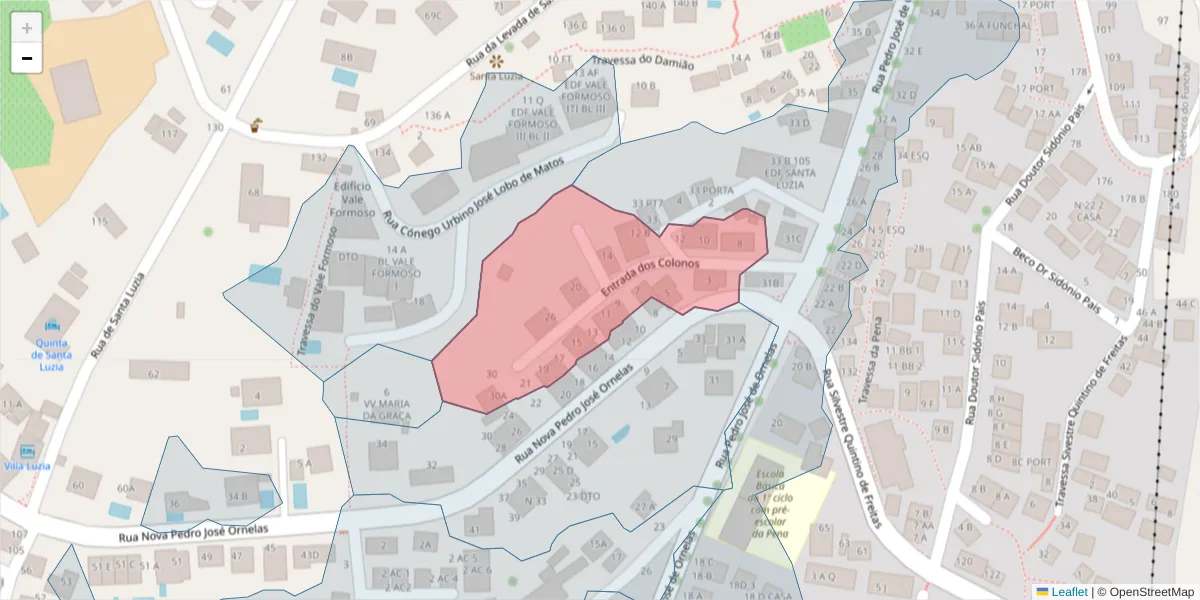 Mapa detalhado do código postal 9050-091 com limites, códigos postais vizinhos e agências dos correios