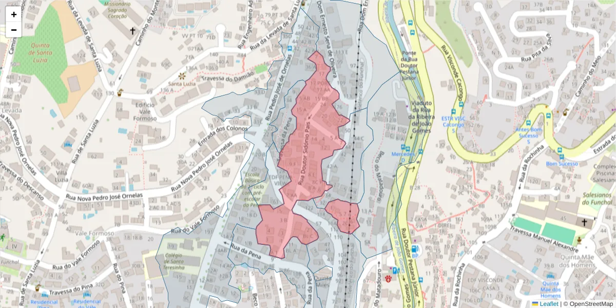Mapa detalhado do código postal 9050-095 com limites, códigos postais vizinhos e agências dos correios
