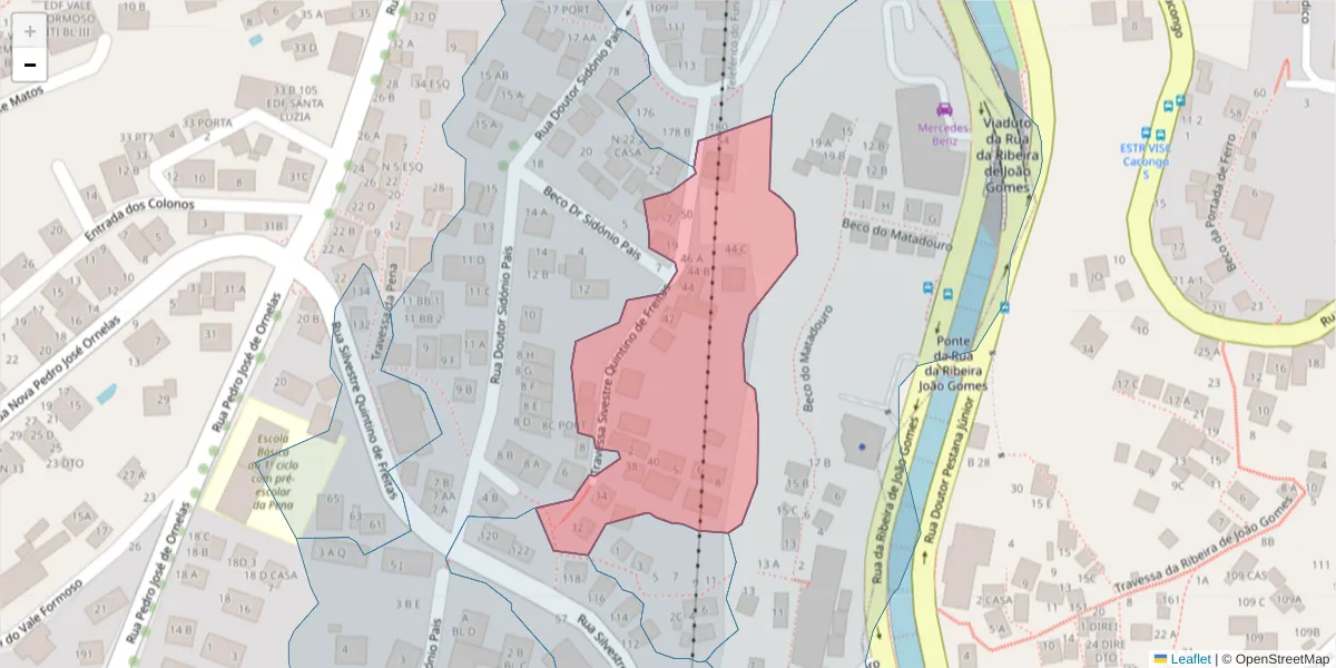Mapa detalhado do código postal 9050-096 com limites, códigos postais vizinhos e agências dos correios