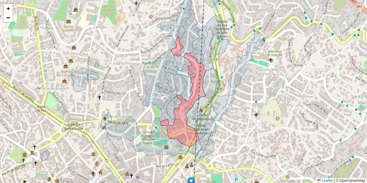 Mapa detalhado do código postal 9050-097 com limites, códigos postais vizinhos e agências dos correios