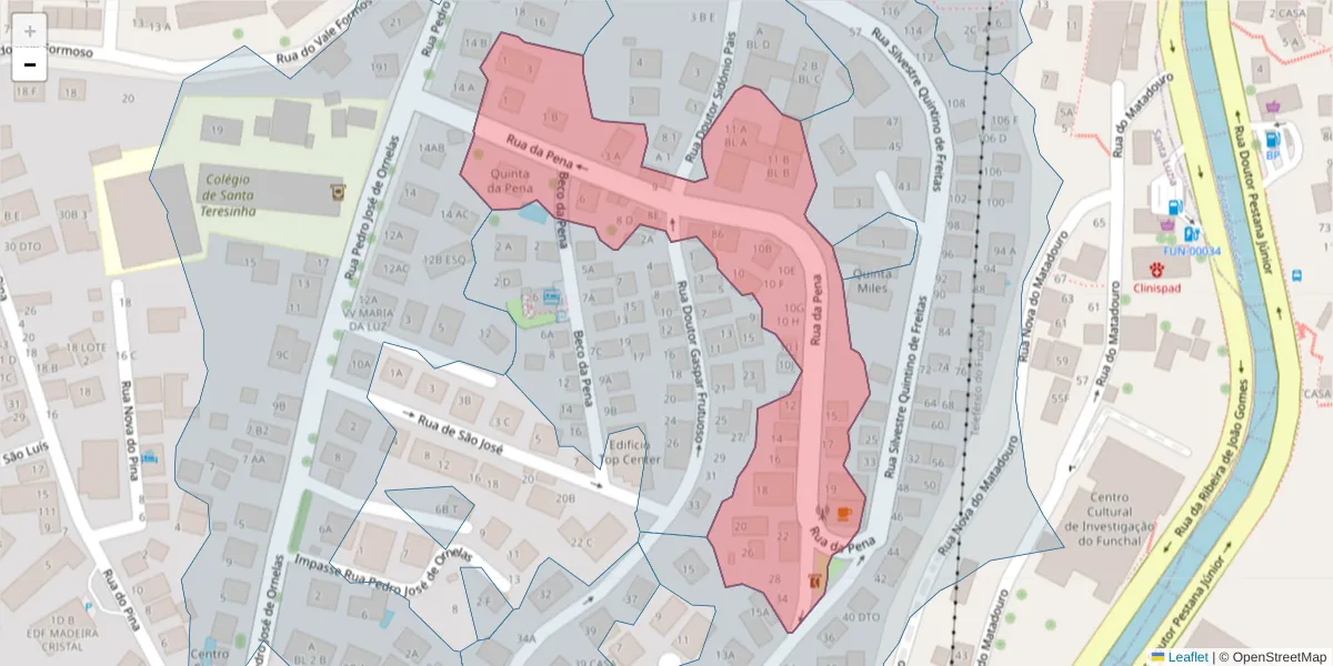 Mapa detalhado do código postal 9050-099 com limites, códigos postais vizinhos e agências dos correios