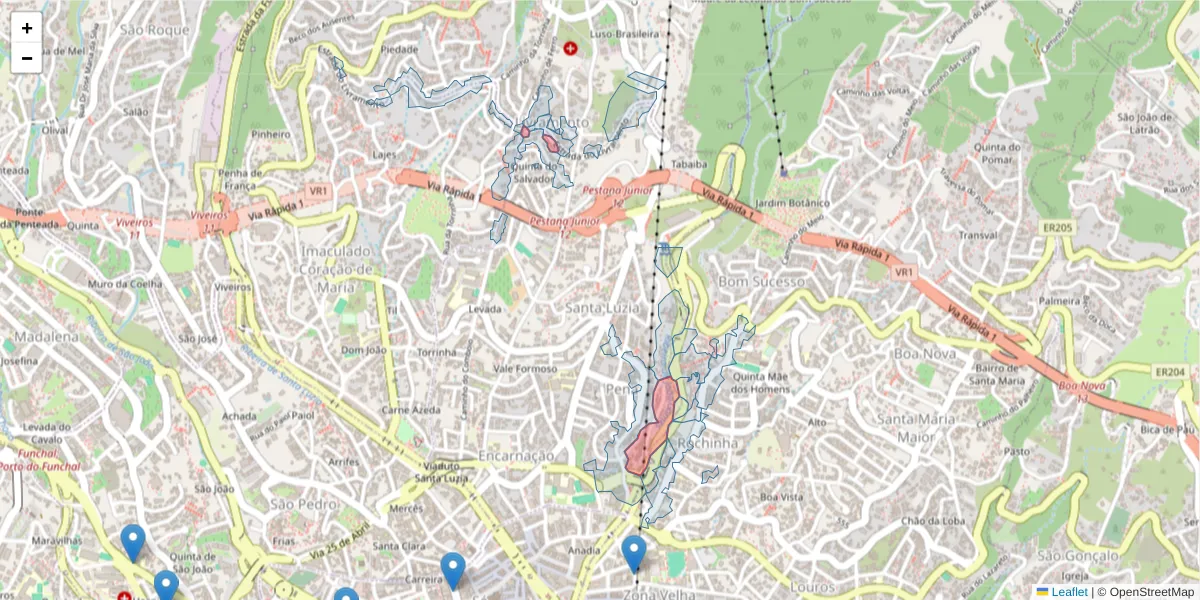 Mapa detalhado do código postal 9050-100 com limites, códigos postais vizinhos e agências dos correios