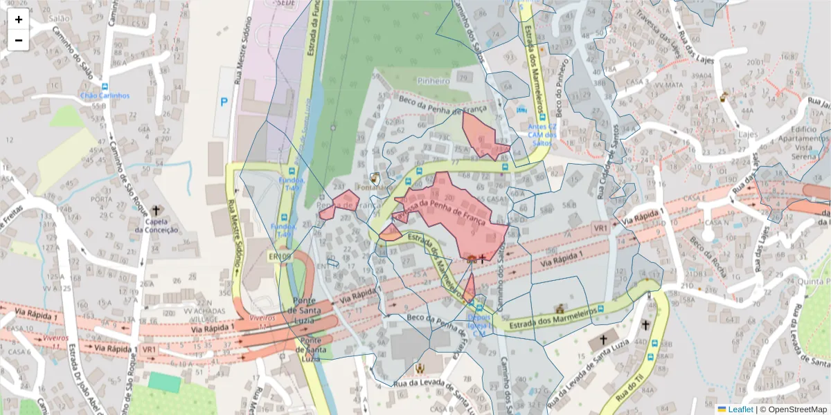 Mapa detalhado do código postal 9050-205 com limites, códigos postais vizinhos e agências dos correios