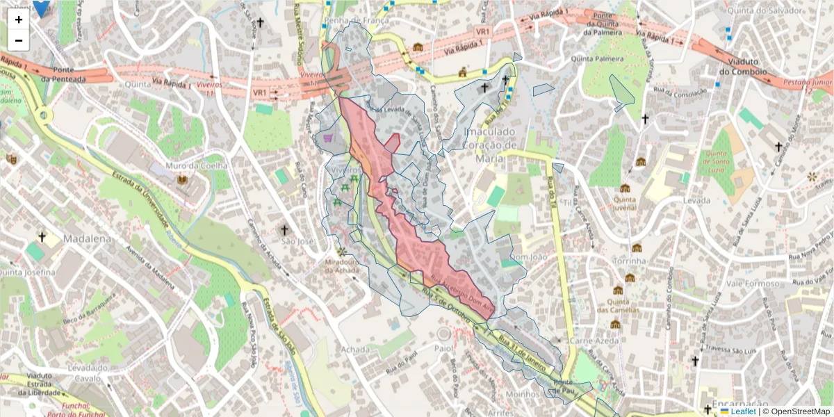 Mapa detalhado do código postal 9050-206 com limites, códigos postais vizinhos e agências dos correios