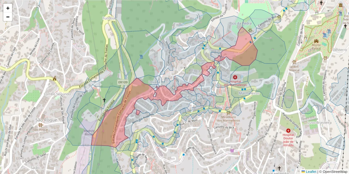 Mapa detalhado do código postal 9050-211 com limites, códigos postais vizinhos e agências dos correios
