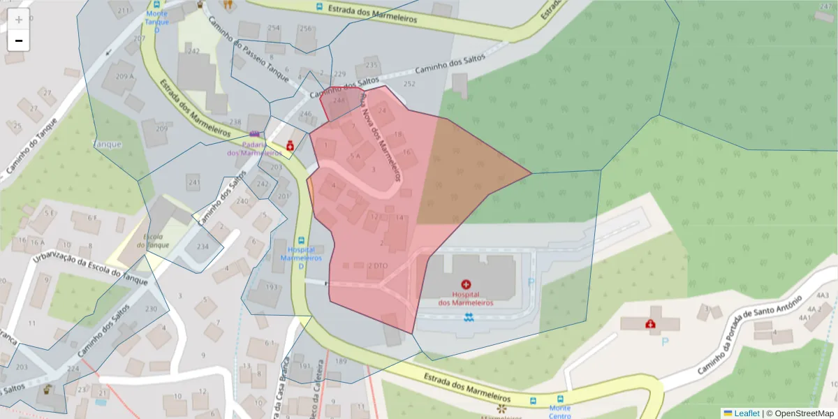 Mapa detalhado do código postal 9050-212 com limites, códigos postais vizinhos e agências dos correios
