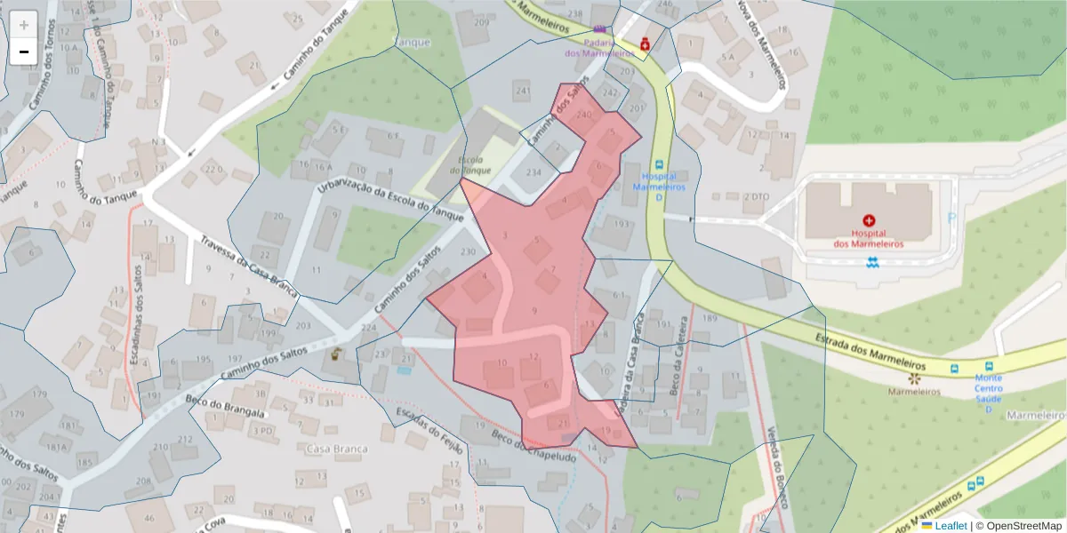 Mapa detalhado do código postal 9050-214 com limites, códigos postais vizinhos e agências dos correios