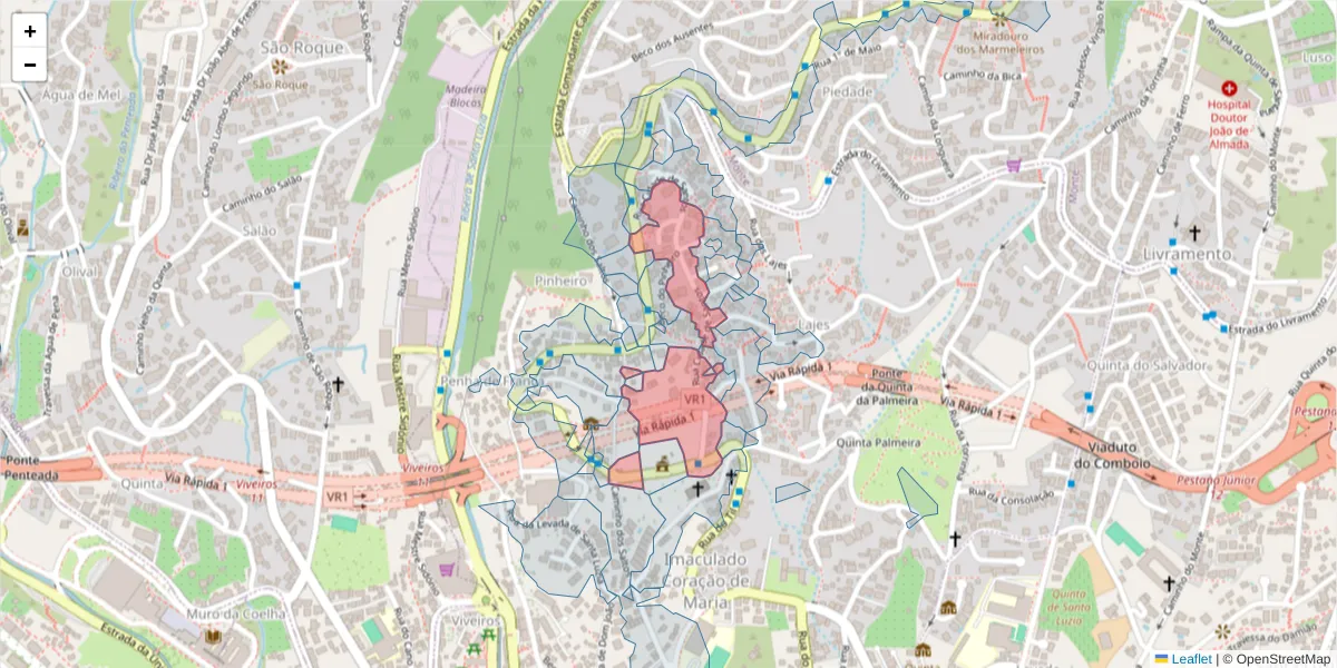 Mapa detalhado do código postal 9050-217 com limites, códigos postais vizinhos e agências dos correios