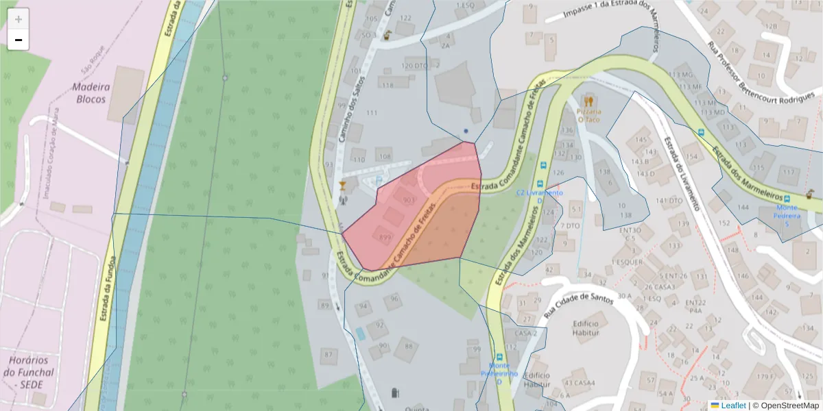 Mapa detalhado do código postal 9050-222 com limites, códigos postais vizinhos e agências dos correios
