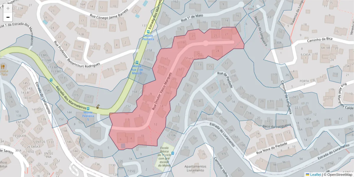 Mapa detalhado do código postal 9050-227 com limites, códigos postais vizinhos e agências dos correios
