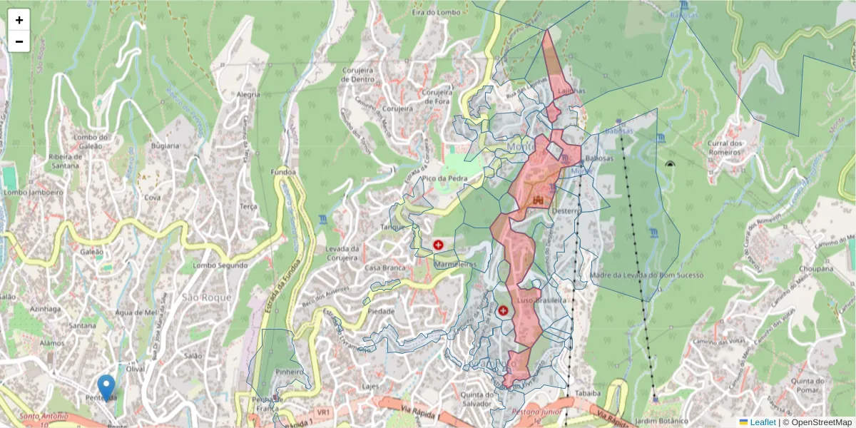 Mapa detalhado do código postal 9050-288 com limites, códigos postais vizinhos e agências dos correios