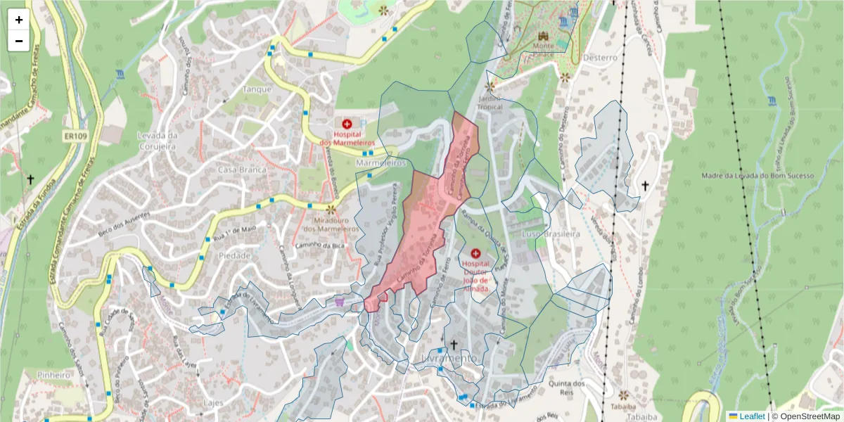 Mapa detalhado do código postal 9050-293 com limites, códigos postais vizinhos e agências dos correios