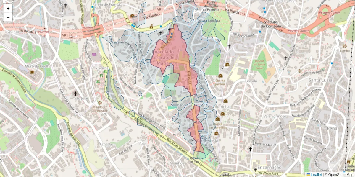 Mapa detalhado do código postal 9050-328 com limites, códigos postais vizinhos e agências dos correios