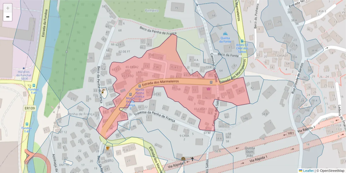 Mapa detalhado do código postal 9050-405 com limites, códigos postais vizinhos e agências dos correios