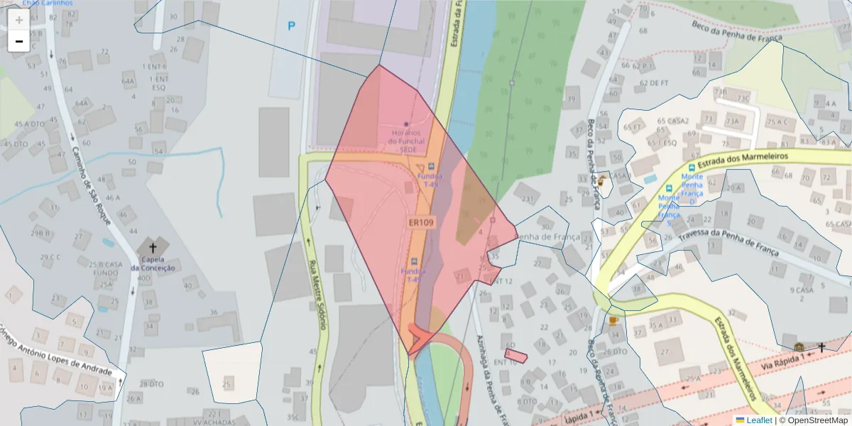 Mapa detalhado do código postal 9050-422 com limites, códigos postais vizinhos e agências dos correios