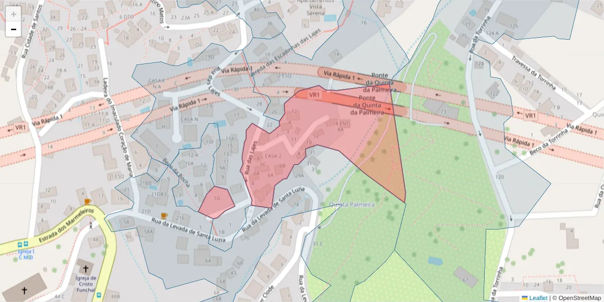 Mapa detalhado do código postal 9050-438 com limites, códigos postais vizinhos e agências dos correios