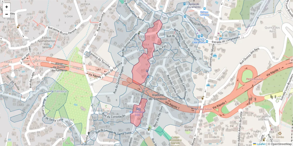 Mapa detalhado do código postal 9050-439 com limites, códigos postais vizinhos e agências dos correios