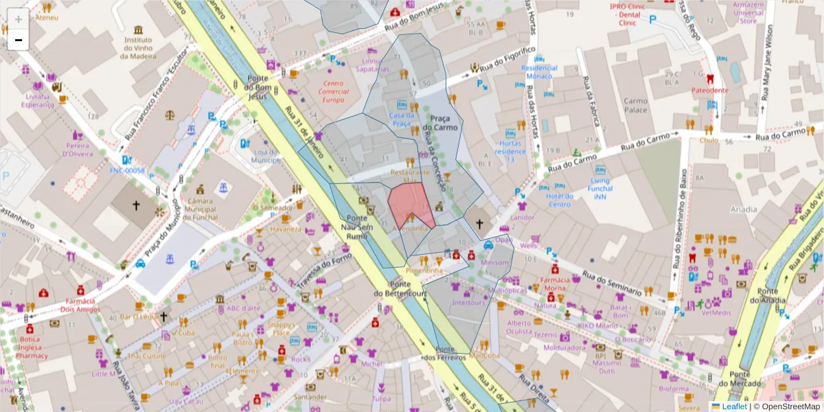 Mapa detalhado do código postal 9050-443 com limites, códigos postais vizinhos e agências dos correios