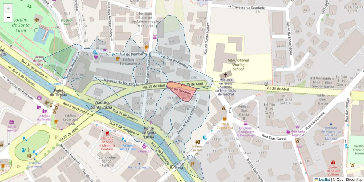 Mapa detalhado do código postal 9050-444 com limites, códigos postais vizinhos e agências dos correios