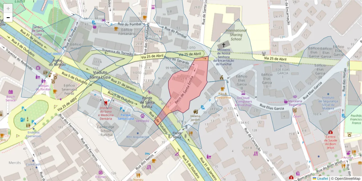 Mapa detalhado do código postal 9050-445 com limites, códigos postais vizinhos e agências dos correios