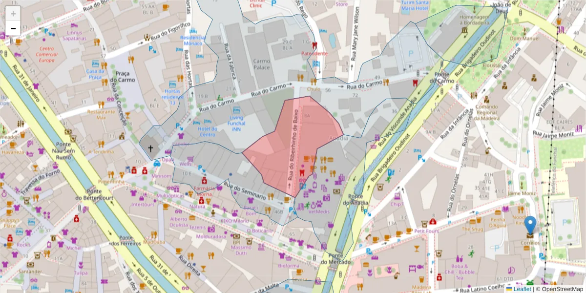 Mapa detalhado do código postal 9050-447 com limites, códigos postais vizinhos e agências dos correios