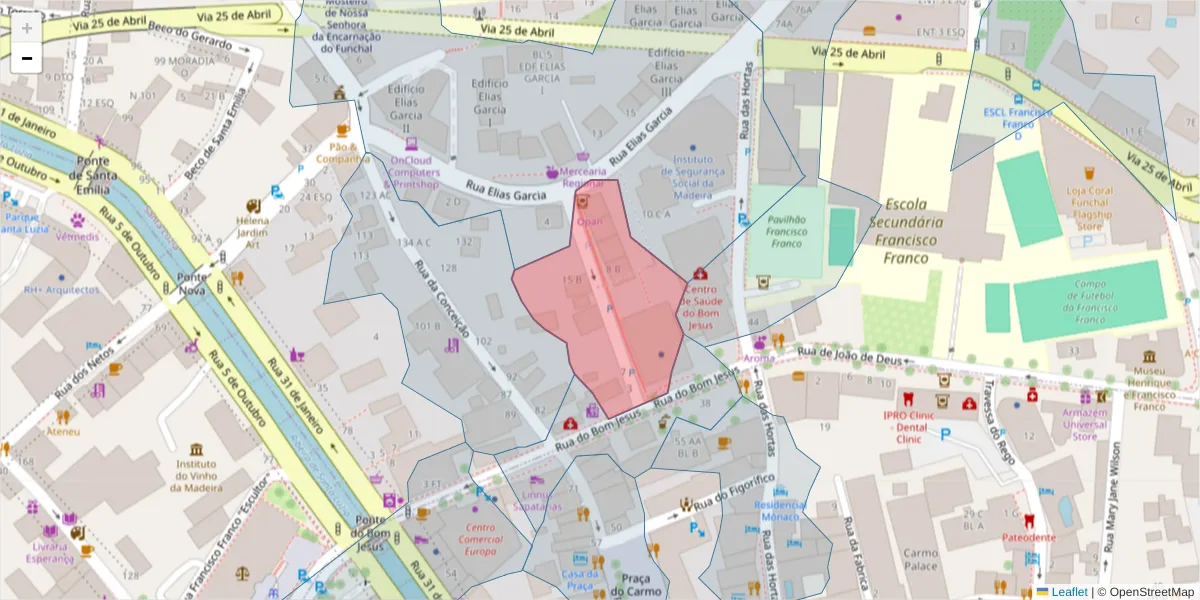 Mapa detalhado do código postal 9050-451 com limites, códigos postais vizinhos e agências dos correios