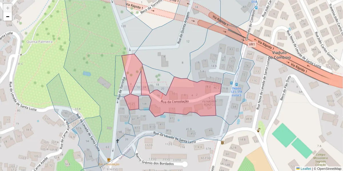 Mapa detalhado do código postal 9050-455 com limites, códigos postais vizinhos e agências dos correios
