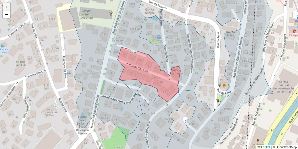 Mapa detalhado do código postal 9050-458 com limites, códigos postais vizinhos e agências dos correios