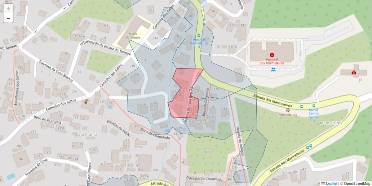 Mapa detalhado do código postal 9050-485 com limites, códigos postais vizinhos e agências dos correios