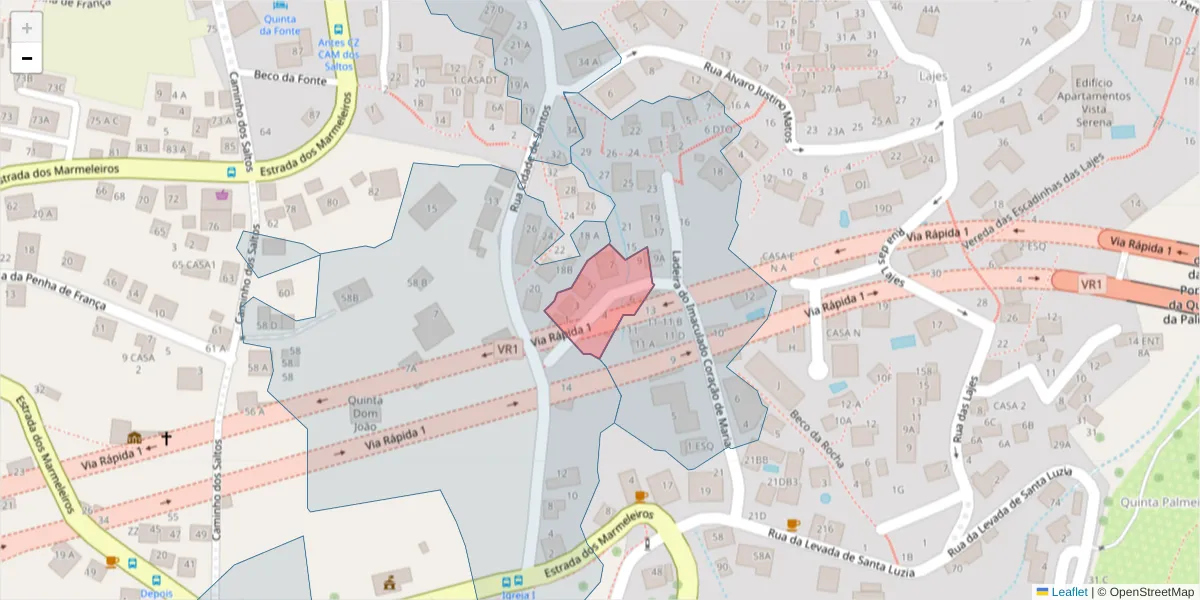 Mapa detalhado do código postal 9050-490 com limites, códigos postais vizinhos e agências dos correios