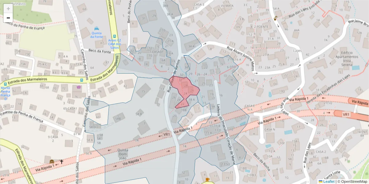 Mapa detalhado do código postal 9050-491 com limites, códigos postais vizinhos e agências dos correios