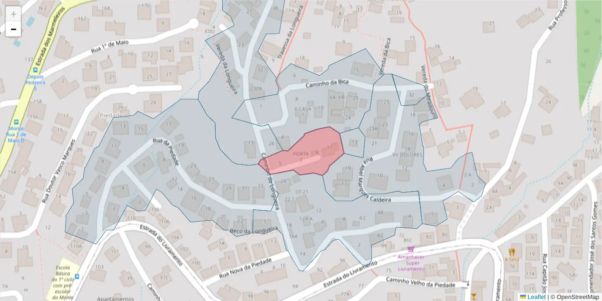 Mapa detalhado do código postal 9050-503 com limites, códigos postais vizinhos e agências dos correios