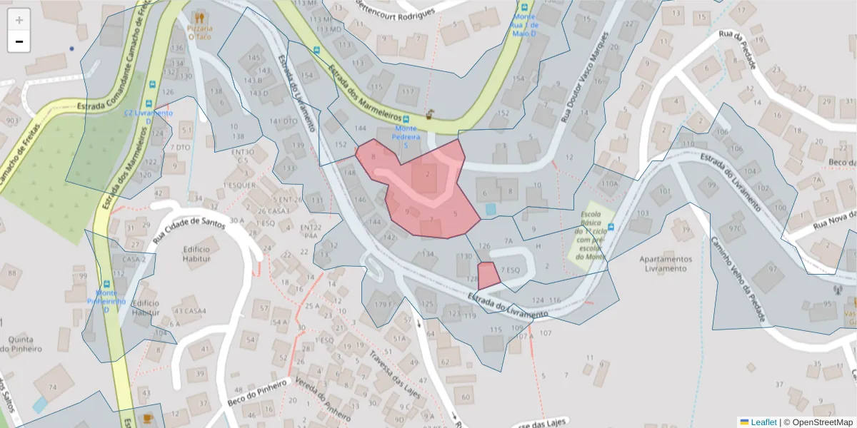 Mapa detalhado do código postal 9050-505 com limites, códigos postais vizinhos e agências dos correios