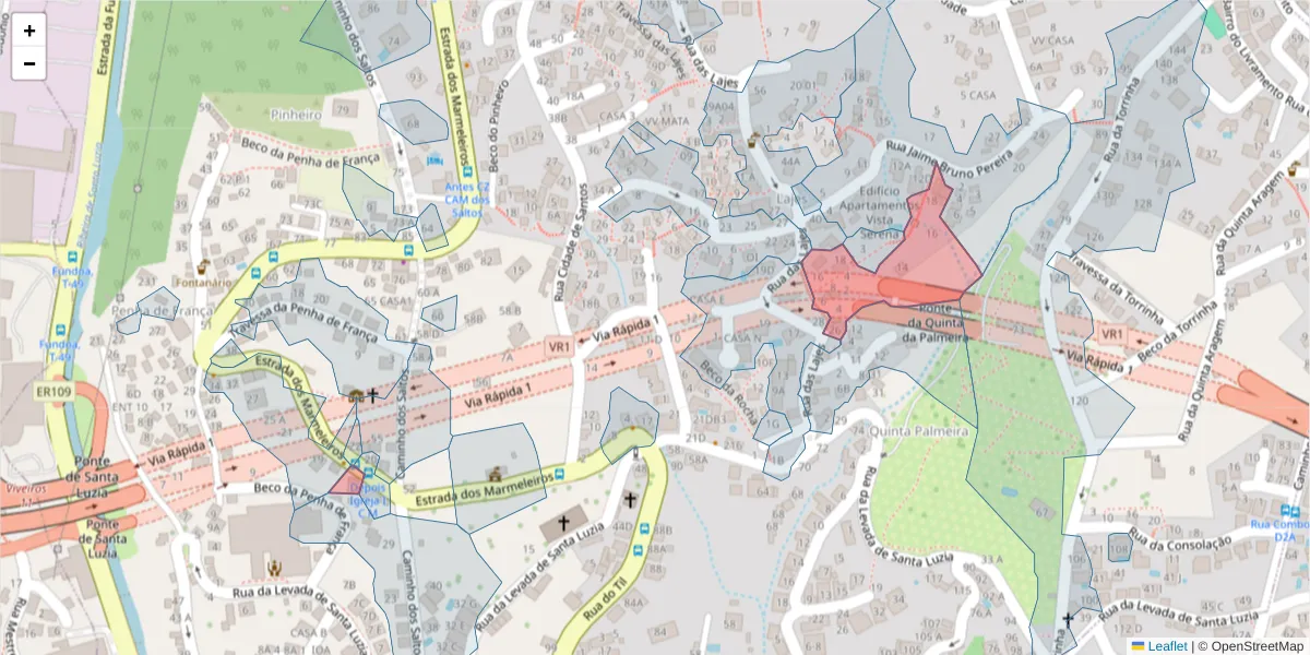 Mapa detalhado do código postal 9050-520 com limites, códigos postais vizinhos e agências dos correios