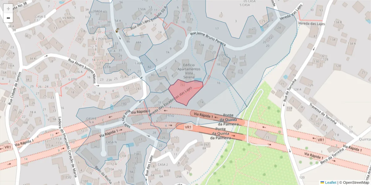 Mapa detalhado do código postal 9050-523 com limites, códigos postais vizinhos e agências dos correios