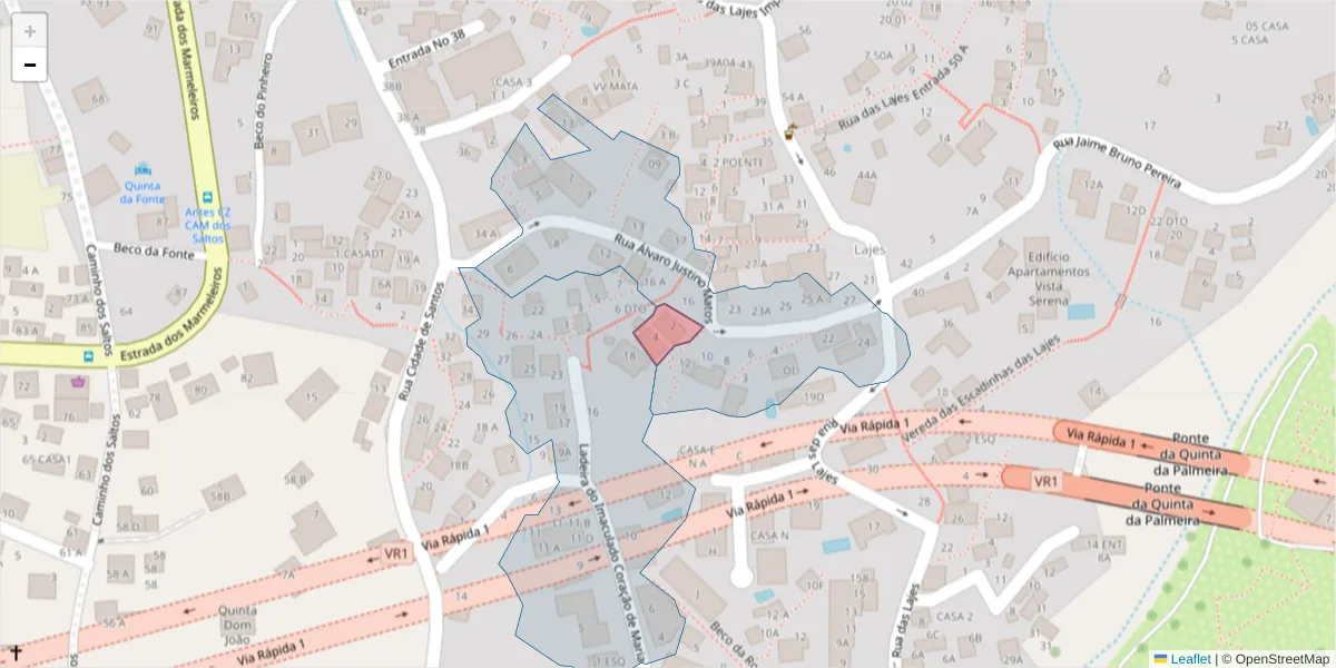 Mapa detalhado do código postal 9050-524 com limites, códigos postais vizinhos e agências dos correios