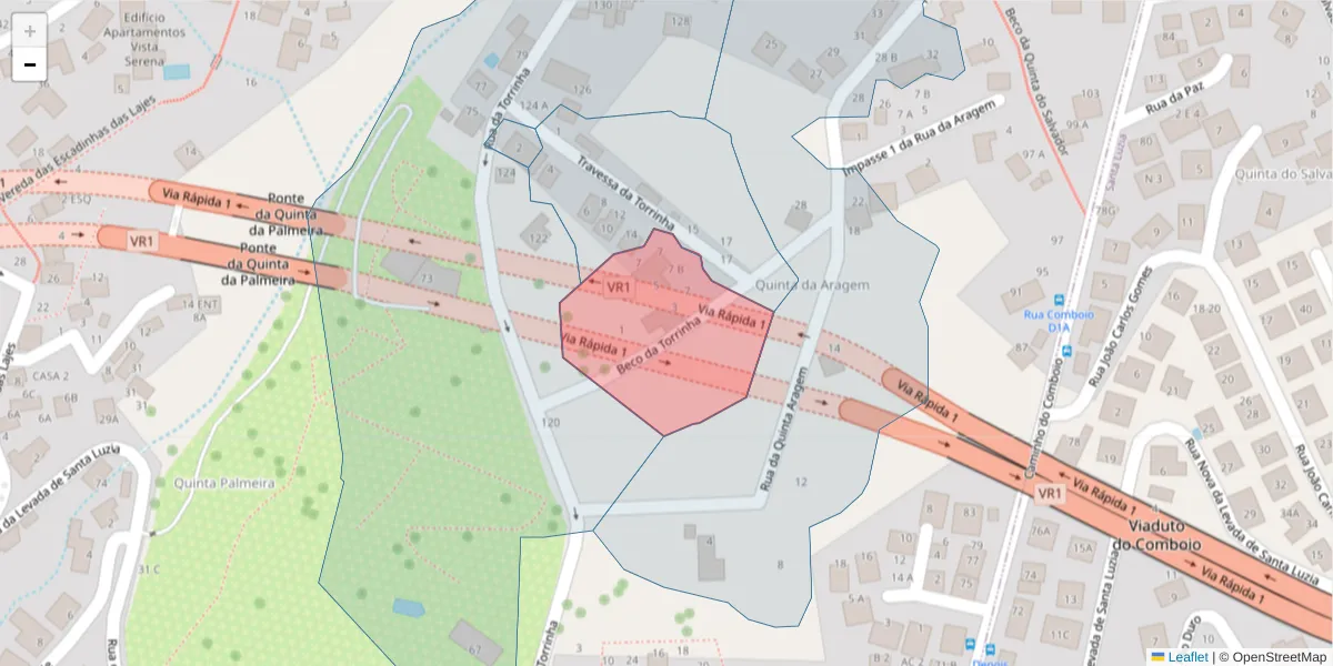 Mapa detalhado do código postal 9050-525 com limites, códigos postais vizinhos e agências dos correios