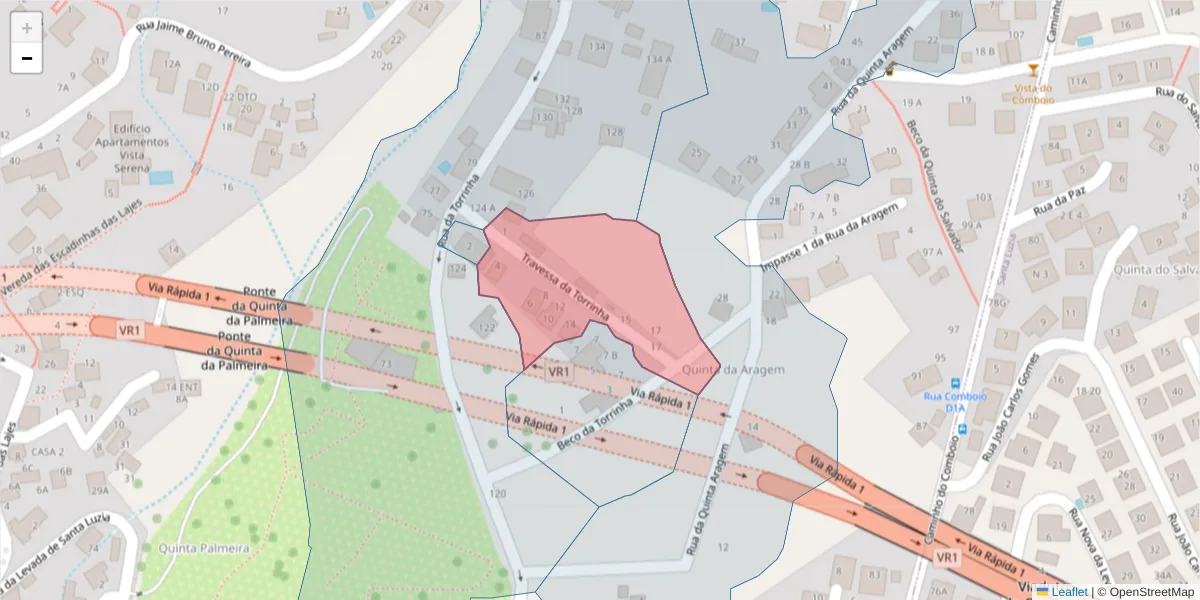 Mapa detalhado do código postal 9050-526 com limites, códigos postais vizinhos e agências dos correios