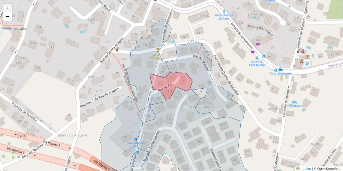 Mapa detalhado do código postal 9050-530 com limites, códigos postais vizinhos e agências dos correios