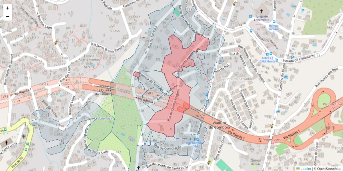 Mapa detalhado do código postal 9050-531 com limites, códigos postais vizinhos e agências dos correios