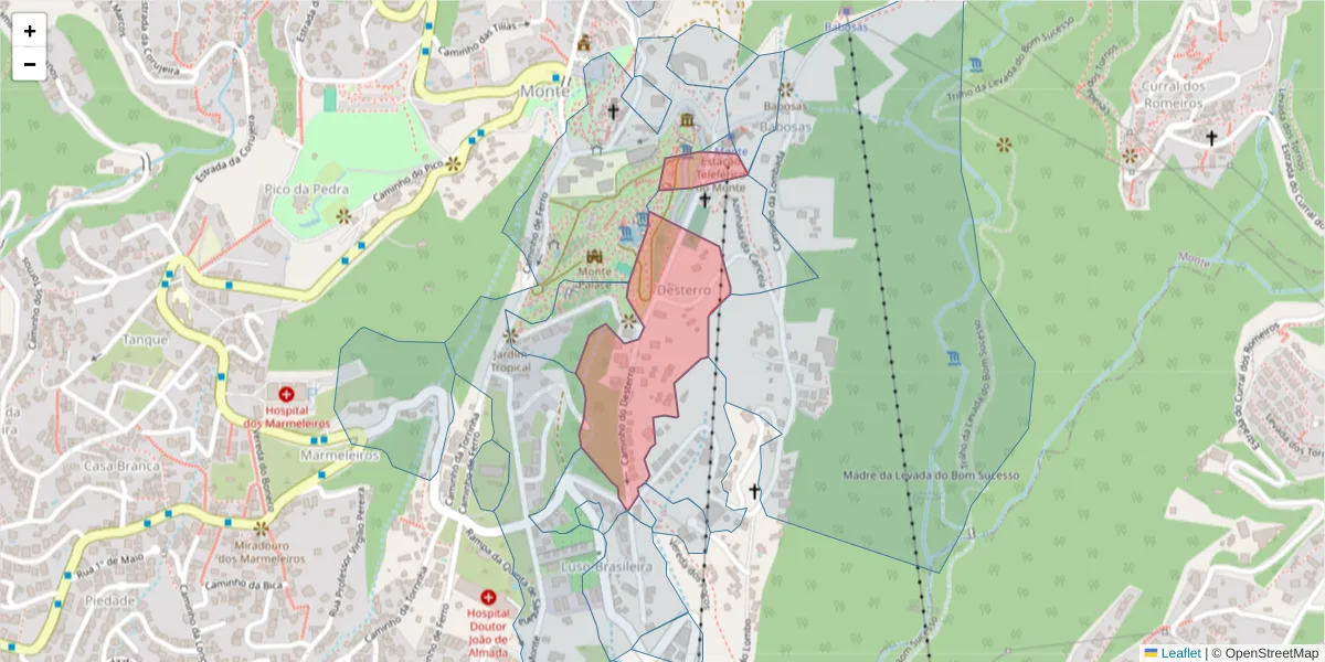 Mapa detalhado do código postal 9050-540 com limites, códigos postais vizinhos e agências dos correios