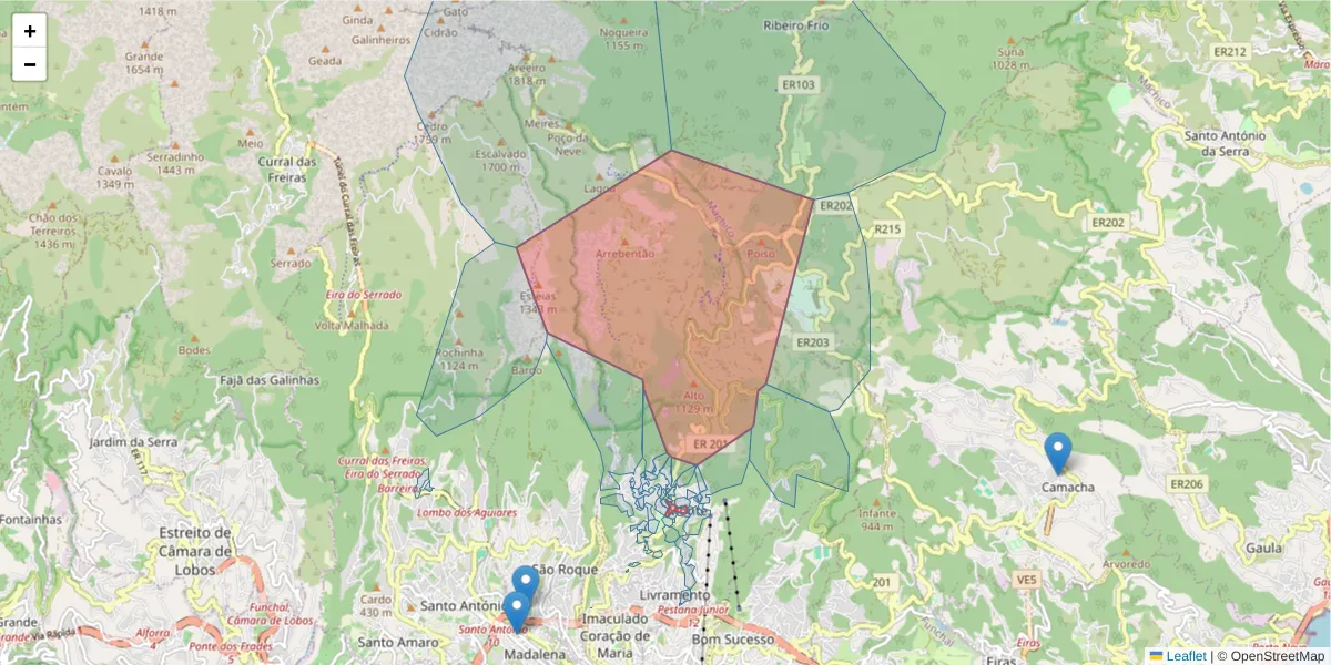 Mapa detalhado do código postal 9050-553 com limites, códigos postais vizinhos e agências dos correios