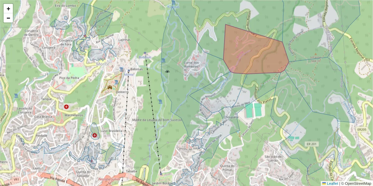 Mapa detalhado do código postal 9050-998 com limites, códigos postais vizinhos e agências dos correios