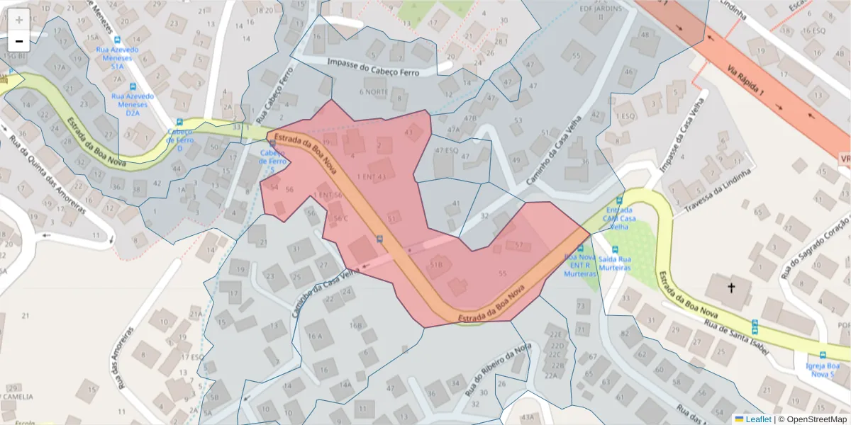 Mapa detalhado do código postal 9060-002 com limites, códigos postais vizinhos e agências dos correios