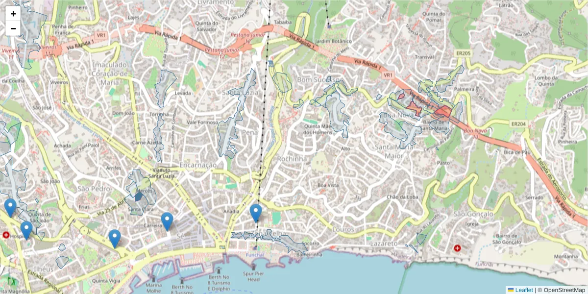 Mapa detalhado do código postal 9060-003 com limites, códigos postais vizinhos e agências dos correios