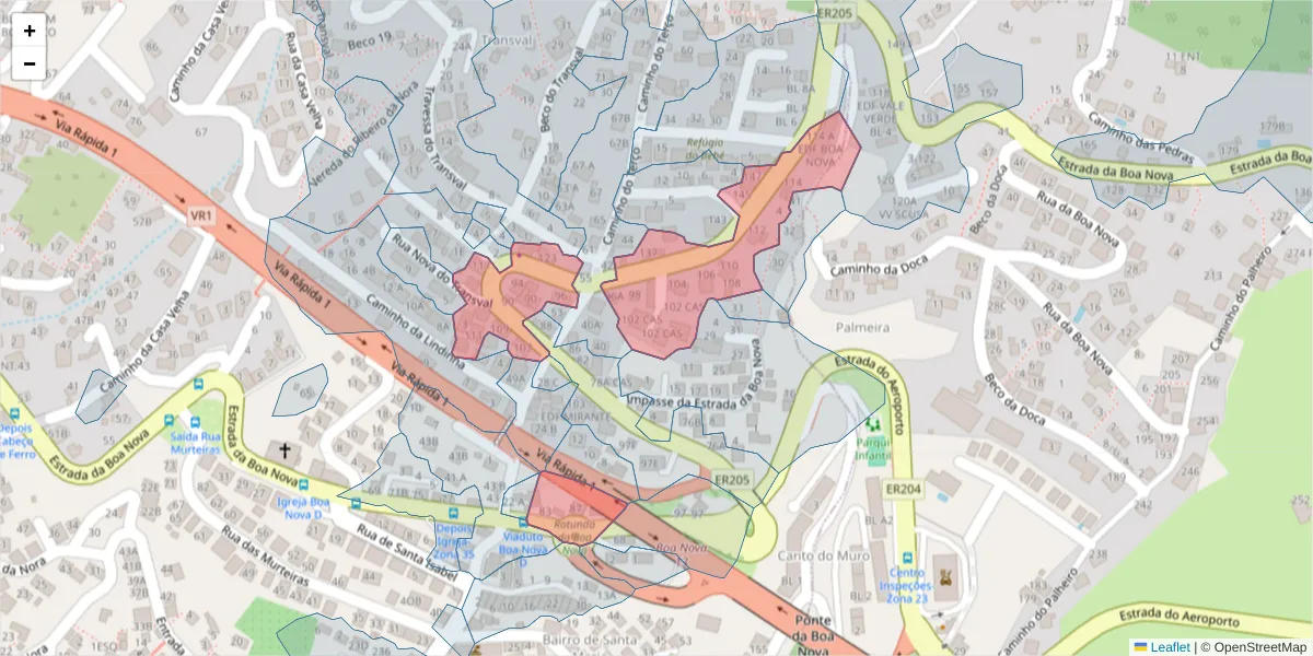 Mapa detalhado do código postal 9060-005 com limites, códigos postais vizinhos e agências dos correios