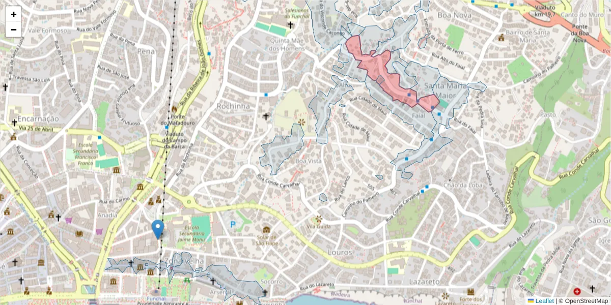 Mapa detalhado do código postal 9060-008 com limites, códigos postais vizinhos e agências dos correios