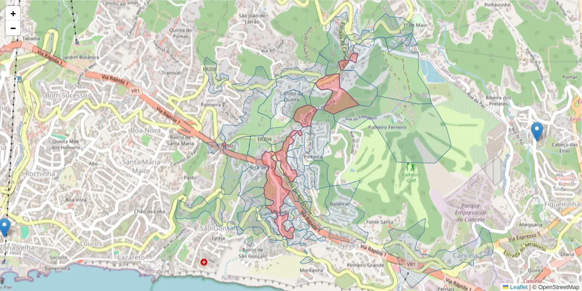 Mapa detalhado do código postal 9060-009 com limites, códigos postais vizinhos e agências dos correios