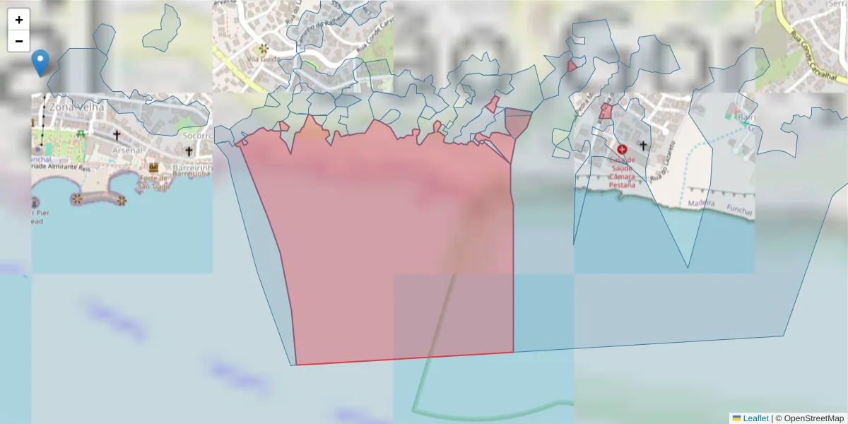 Mapa detalhado do código postal 9060-019 com limites, códigos postais vizinhos e agências dos correios